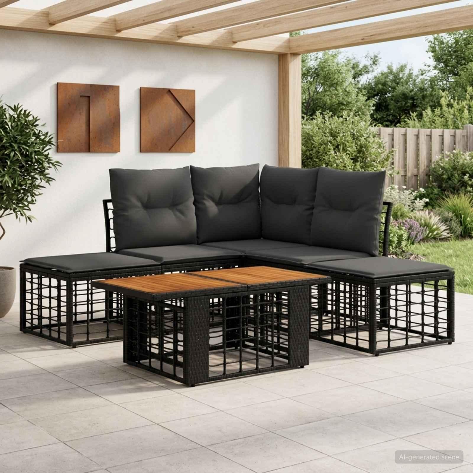 Havesofa sæt 6 stk. i polyrattan med bord - sort og mørkegrå