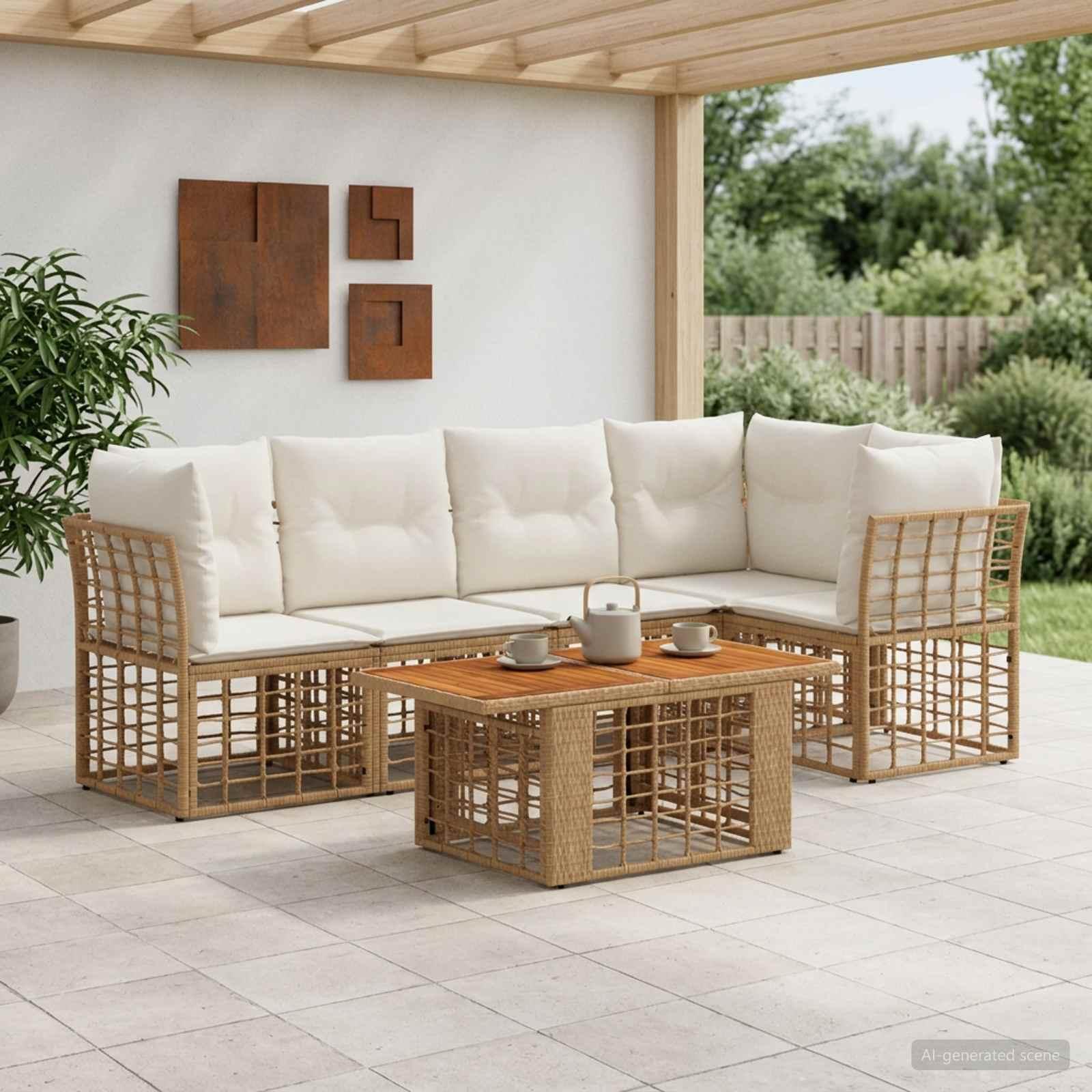Havesofa sæt 6 stk. i polyrattan - naturlig og cremehvid