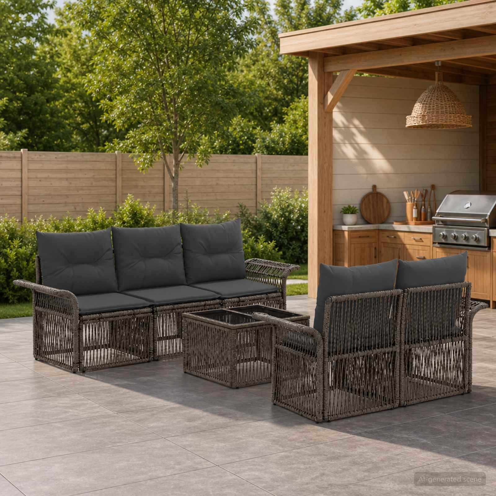 Havesofa sæt 6 dele i grå polyrattan med glasbord