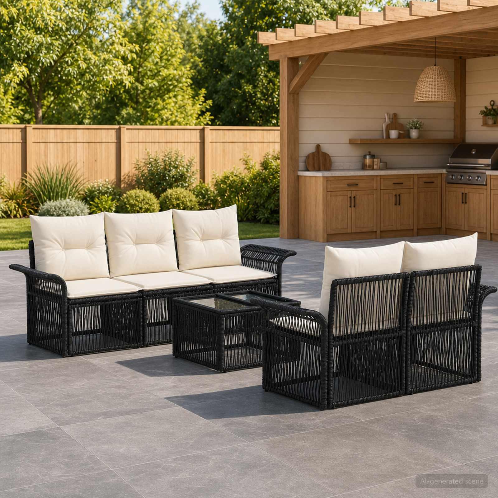 Havesofa sæt 6 stk. i sort polyrattan med bord