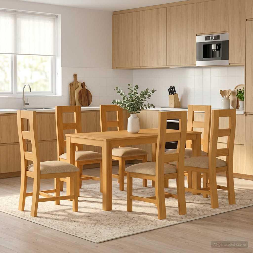 Spisestuesæt 7 stk. i massivt egetræ med beige stole
