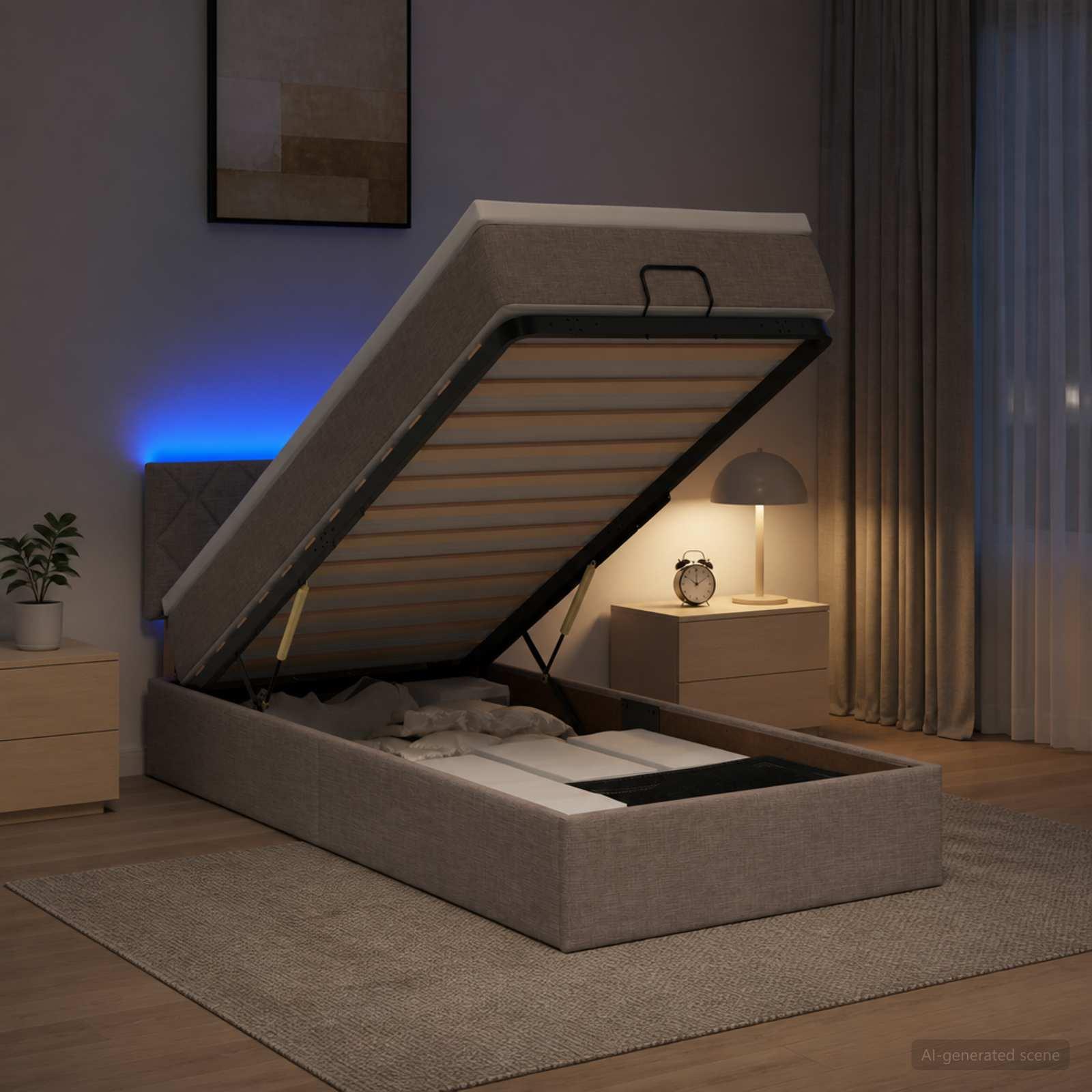 Ottoman seng med madras og LED gråbrun 100 x 200 cm i stof