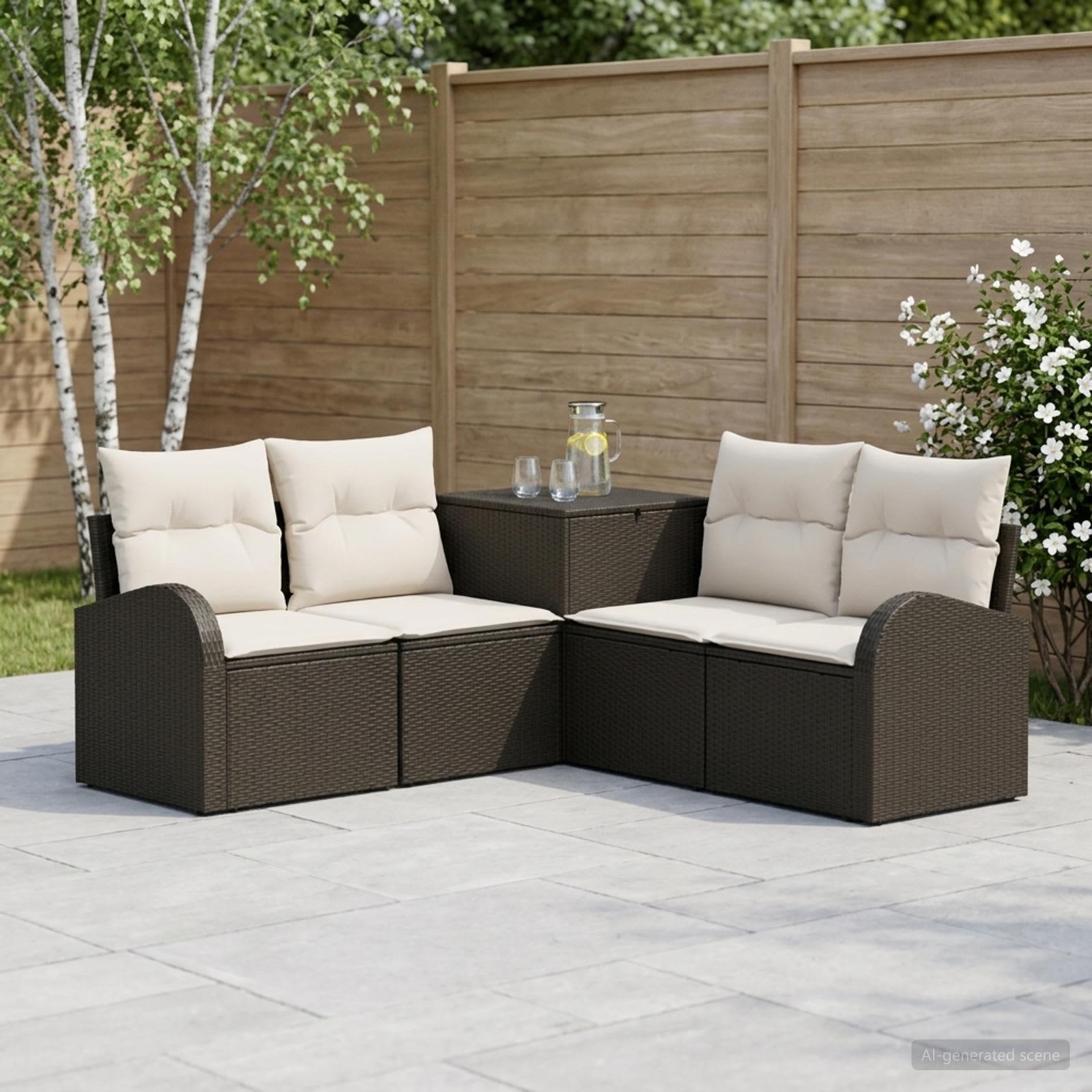 Sofasæt 5 stk. til have og terrasse i sort og cremehvid poly rattan og stål