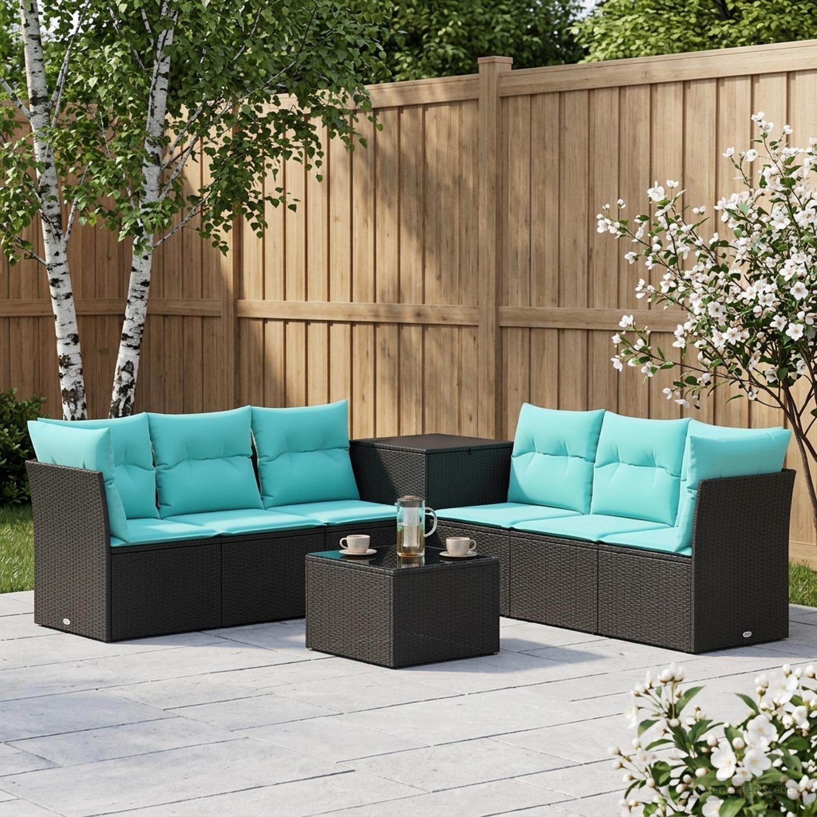 Sofa sæt 8 stk. sort og blå poly rattan og stål