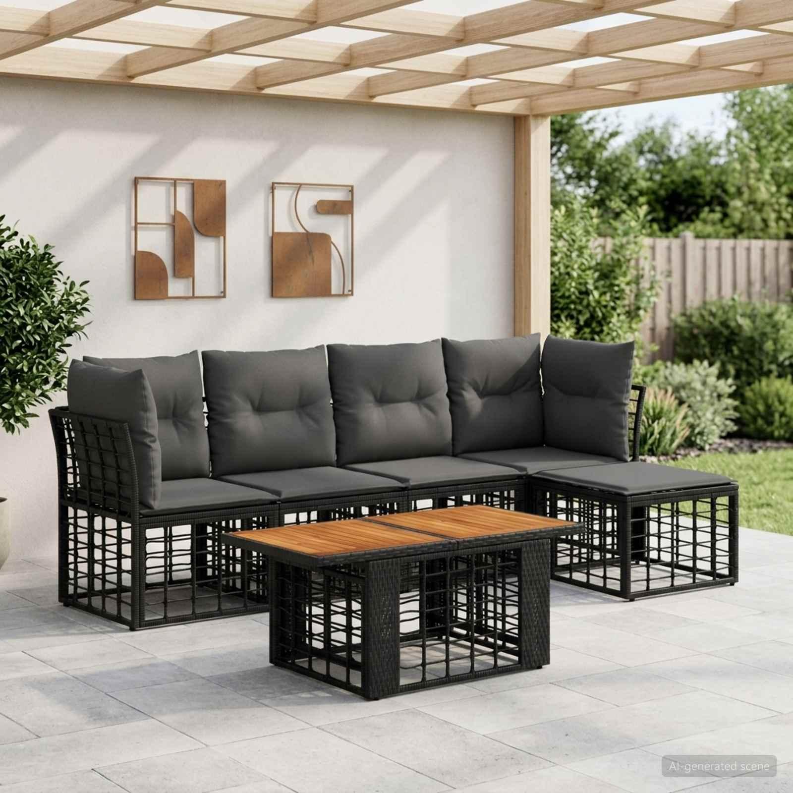 Havesofa sæt 6 stk. i polyrattan med bord - sort/mørkegrå