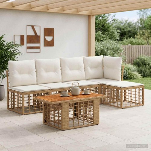 Havesofa sæt 6 stk. i polyrattan med bord - naturlig og creme hvid