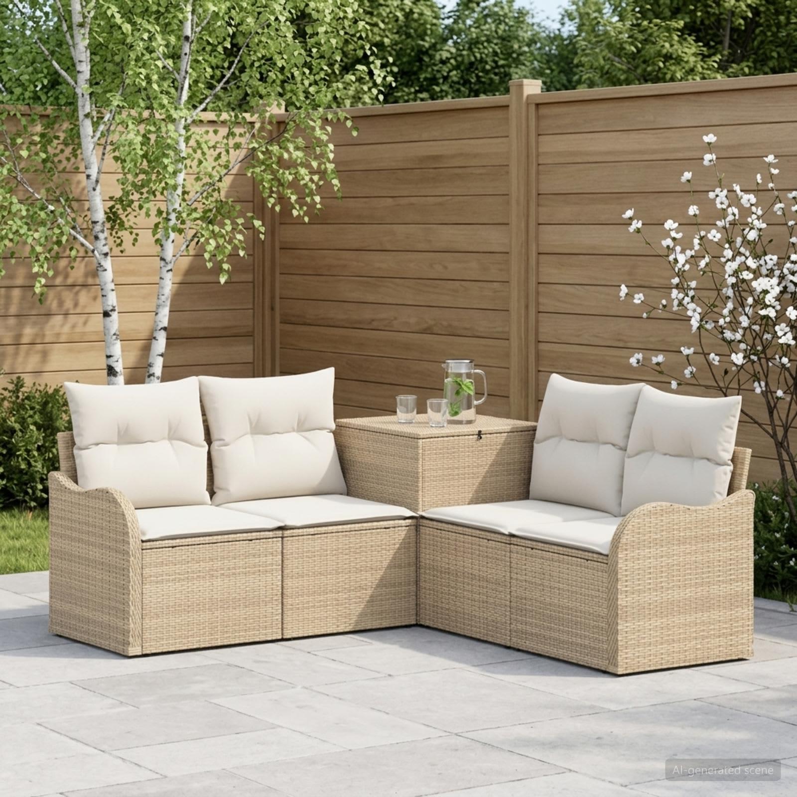 Sofa sæt 5 stk. i beige og cremehvid poly rattan og stål