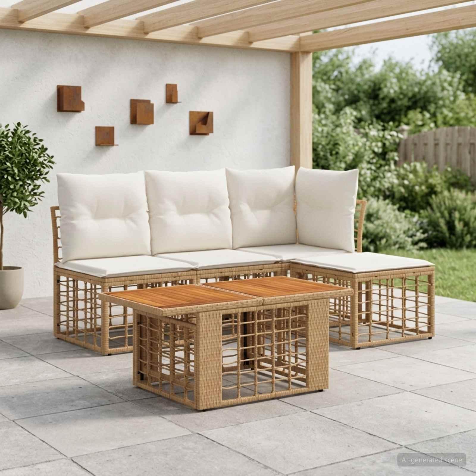 Havesofa sæt 5 dele i polyrattan med bord - naturlig og cremehvid