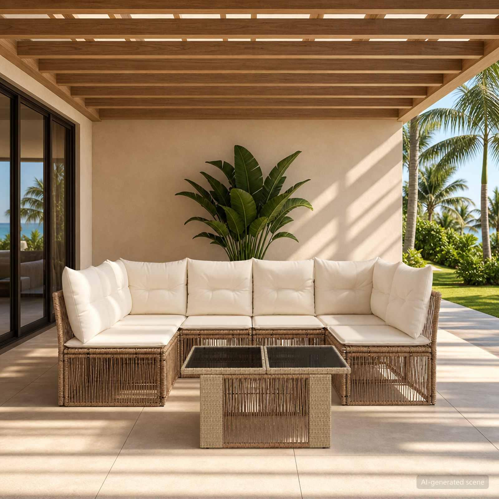 Havesofa sæt 7 dele i beige polyrattan med bord