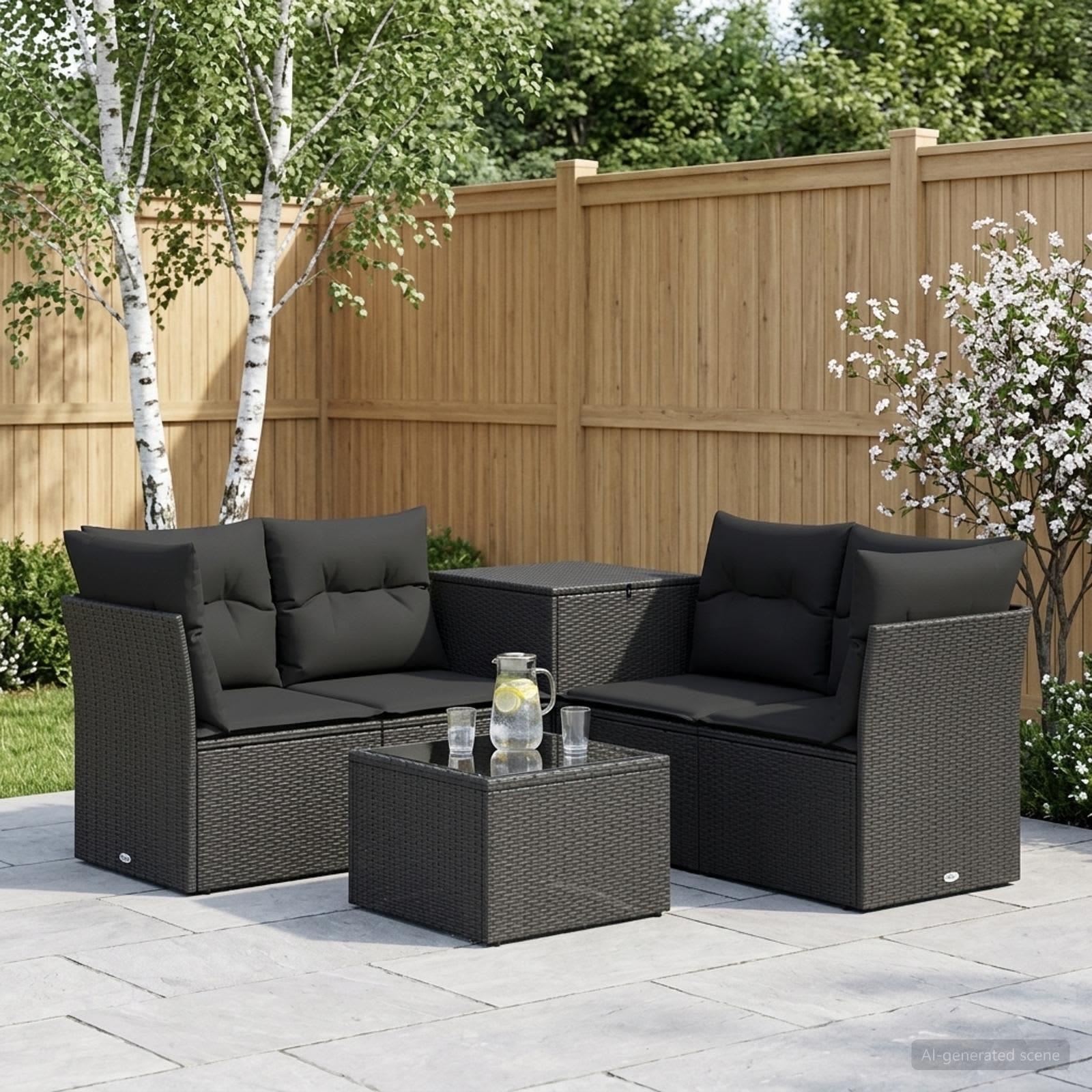 Sofa sæt 6 stk. sort poly rattan og stål
