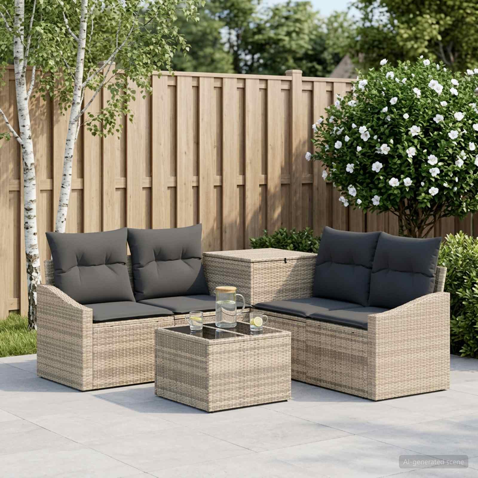 Sofa sæt 6 stk. til have og terrasse i lysegrå/mørkegrå poly rattan og stål