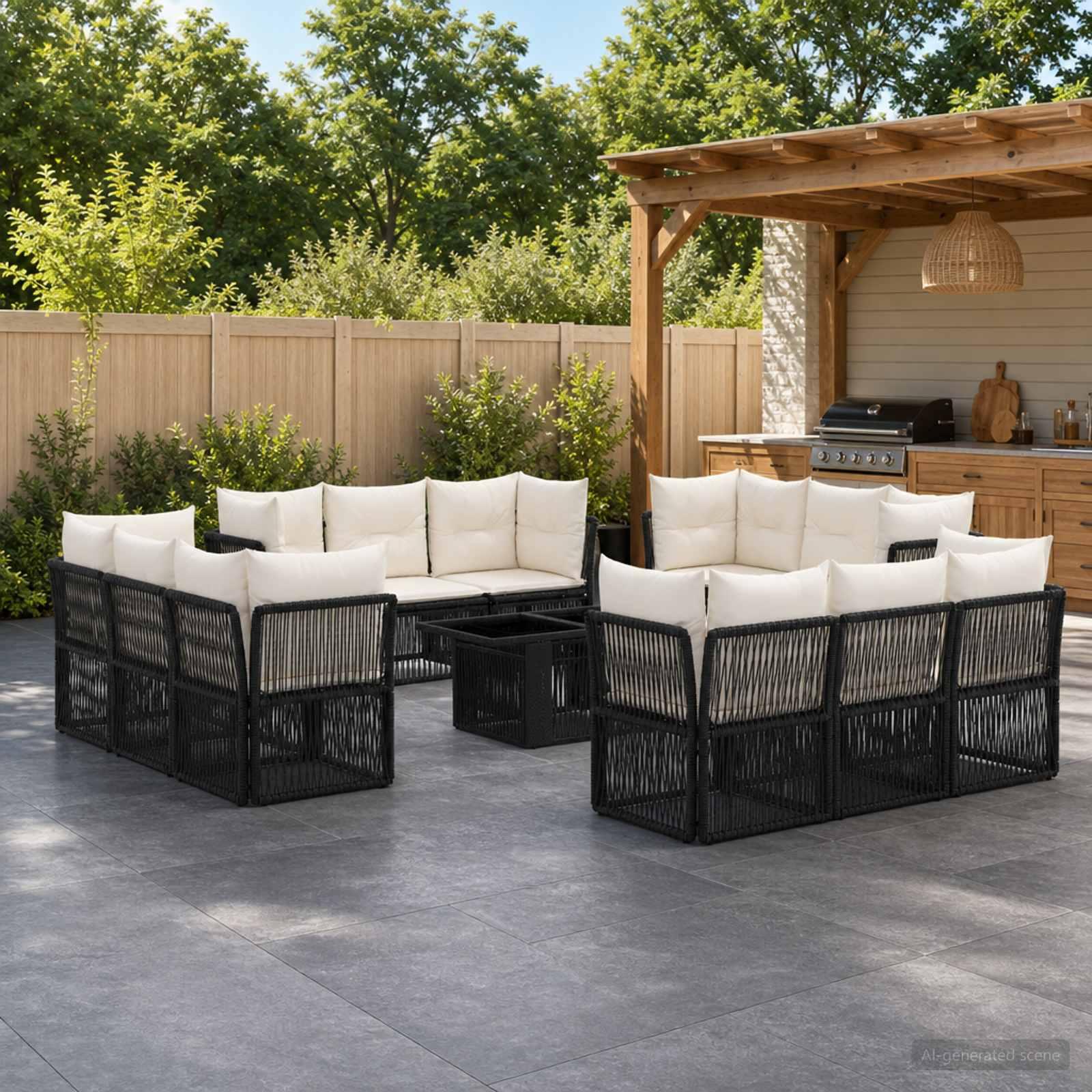 Havesofa sæt 13 stk. i sort polyrattan med bord