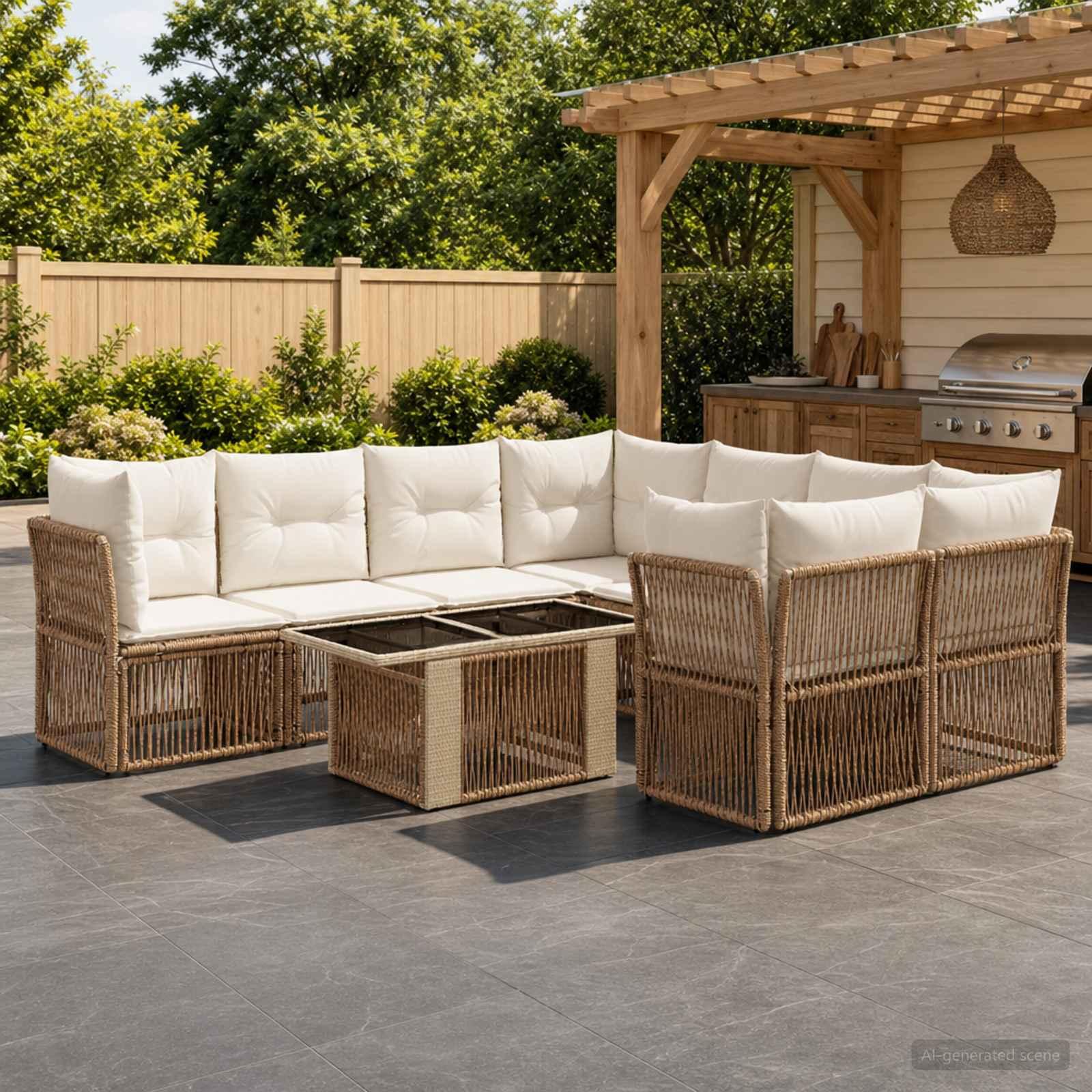 Havesofa sæt 9 stk. i beige polyrattan med bord