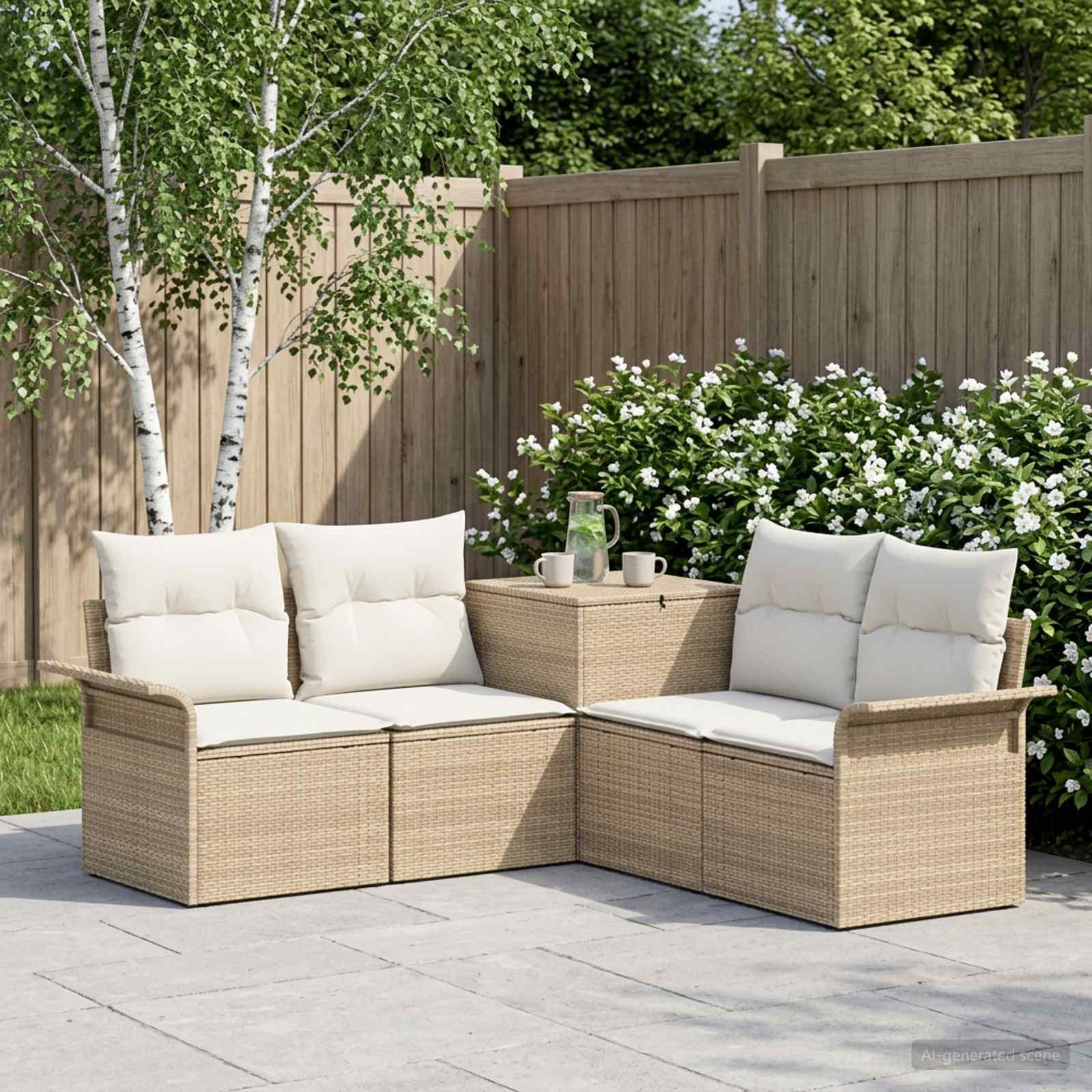 Sofa sæt 5 stk. beige og cremehvid i poly rattan og stål