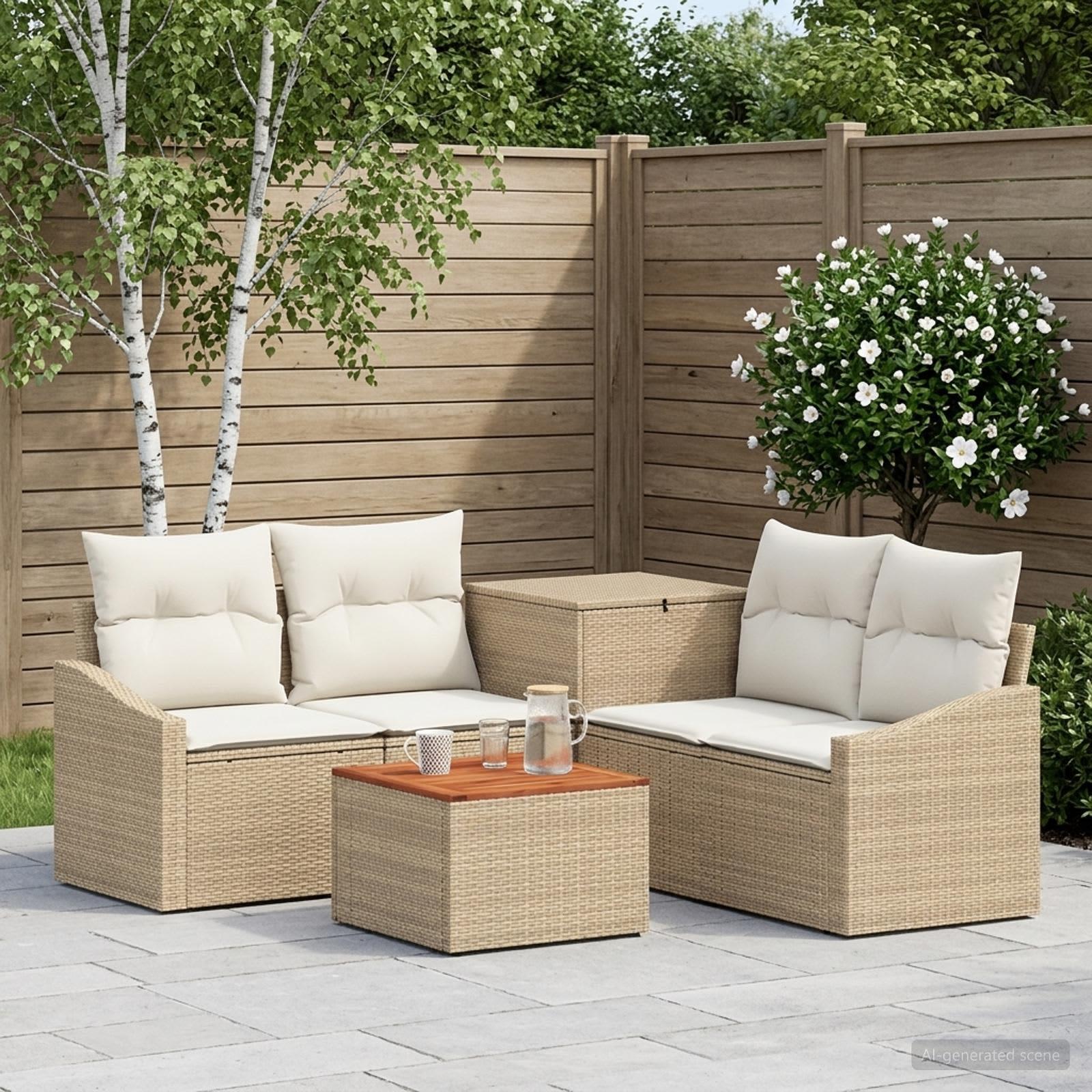 Sofa sæt 6 stk. til have og terrasse i poly rattan og stål - beige og cremehvid