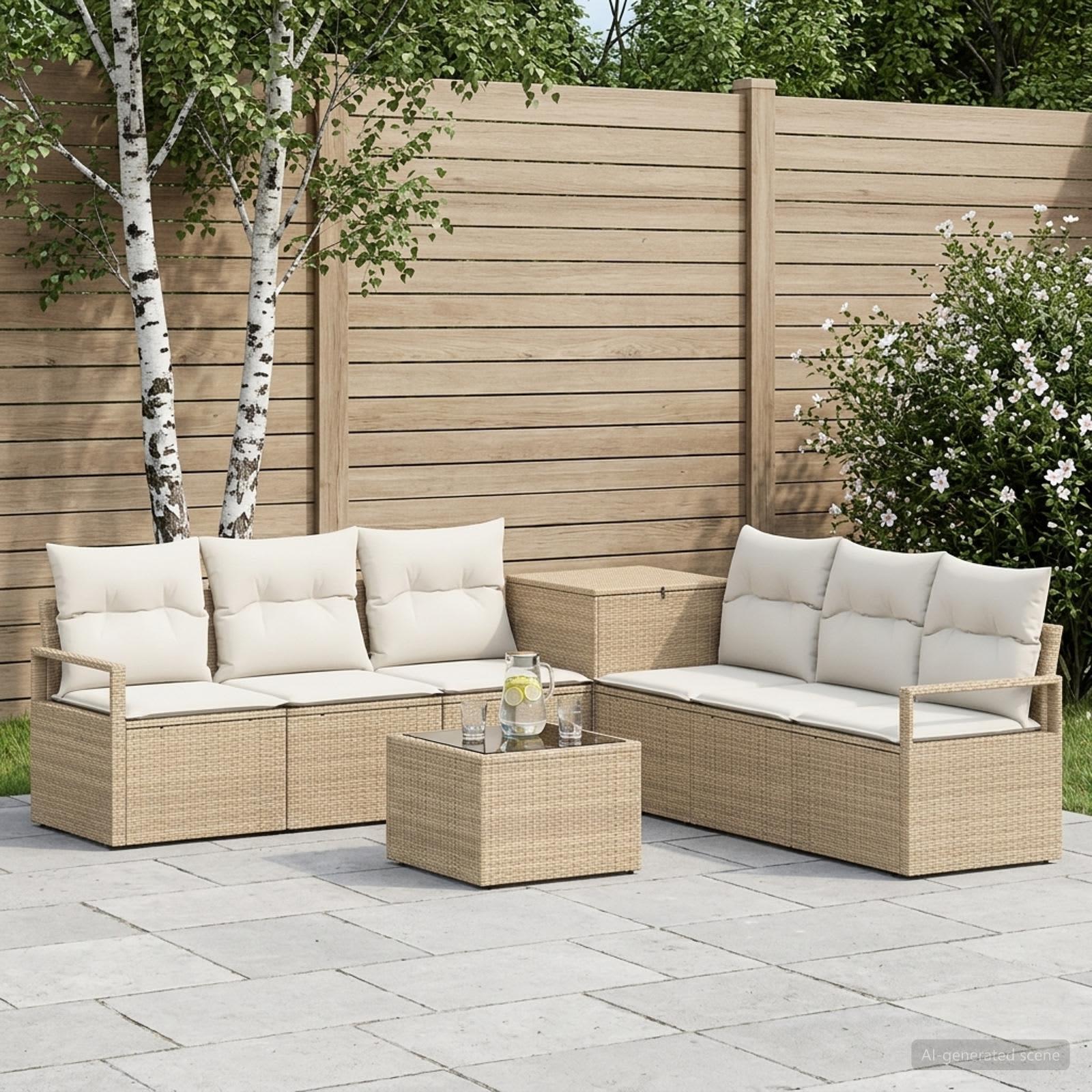 Sofa sæt 8 stk. beige og cremehvid i poly rattan og stål