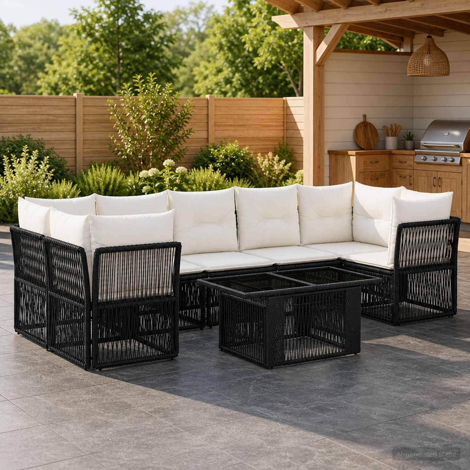 Havesofa sæt 8 stk. i sort polyrattan med bord