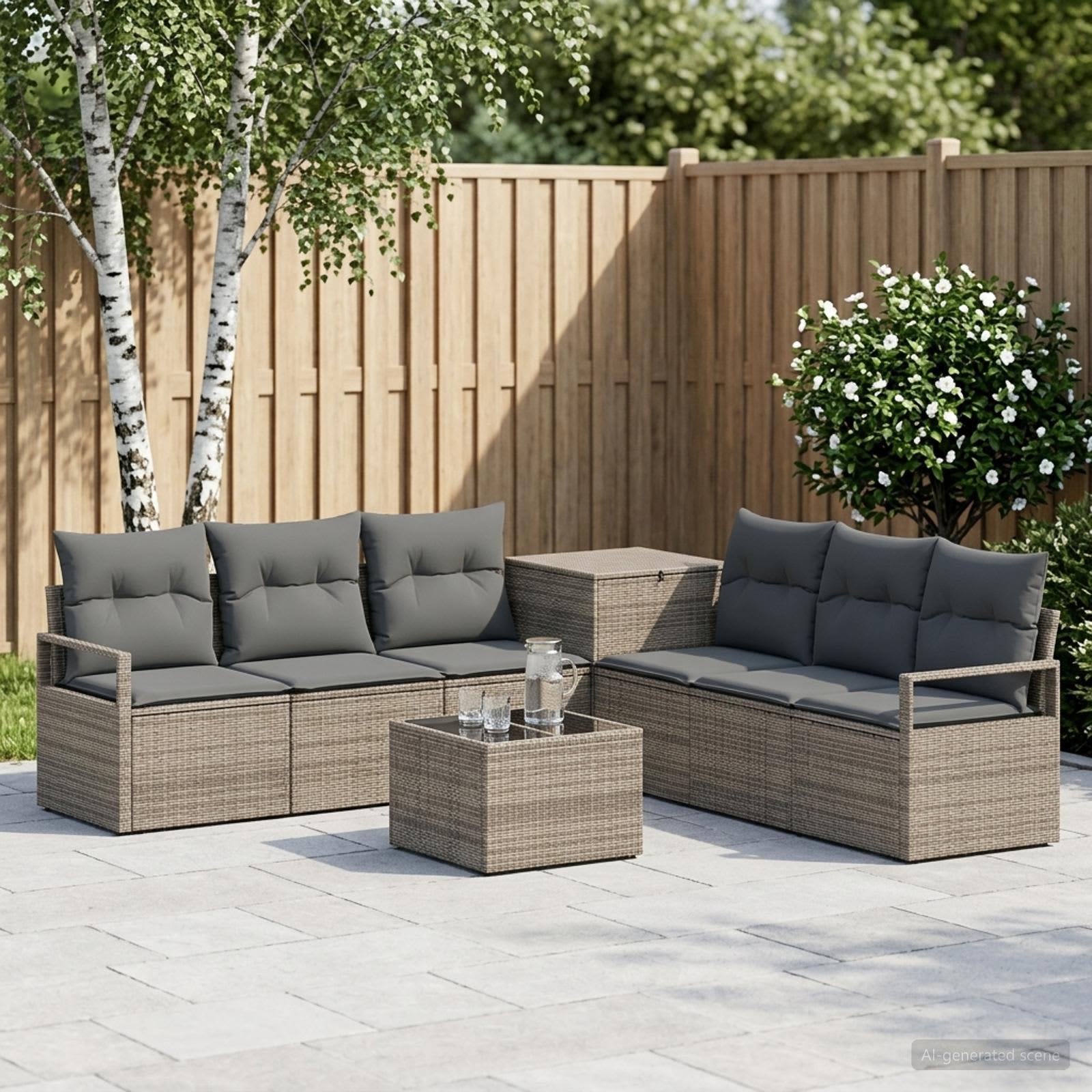 Sofa sæt 8 stk. til have og terrasse i grå og mørkegrå poly rattan og stål