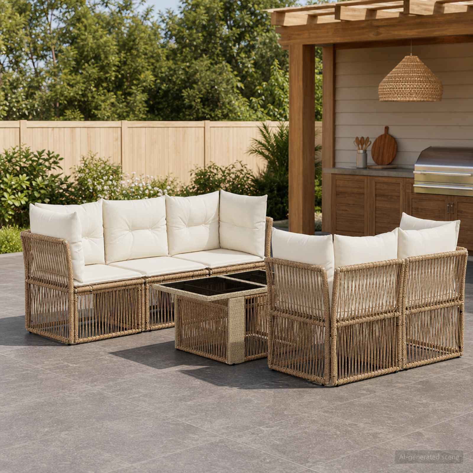 Havesofa sæt 6 stk. i beige polyrattan med bord