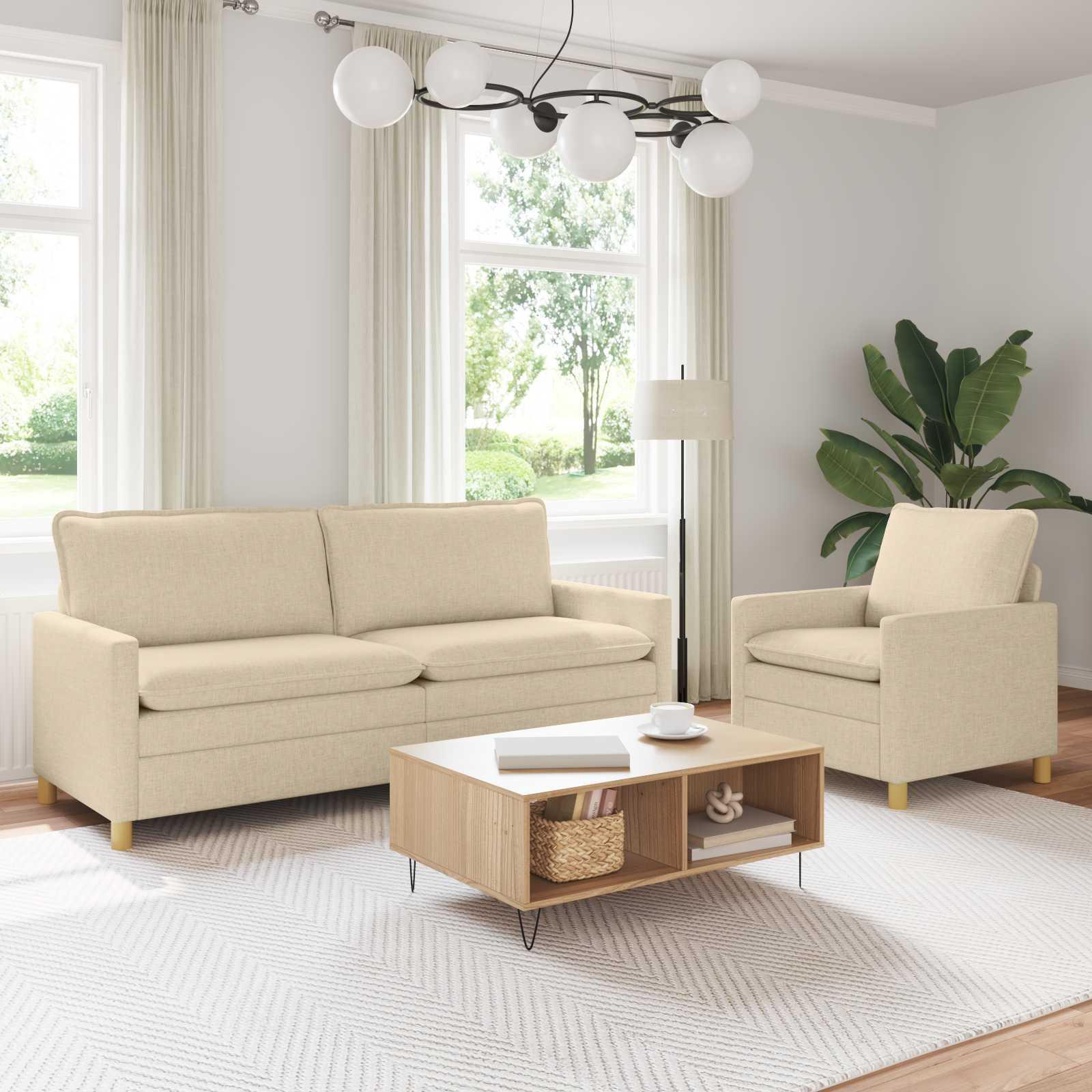 Sofasæt 2 stk. i cremefarvet stof - 3-personers sofa og lænestol