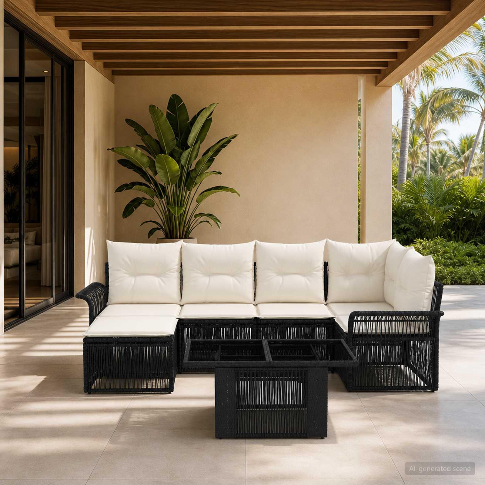 vidaXL Havesofa Sæt 7 stk. Sort og Cremehvid polyrattan