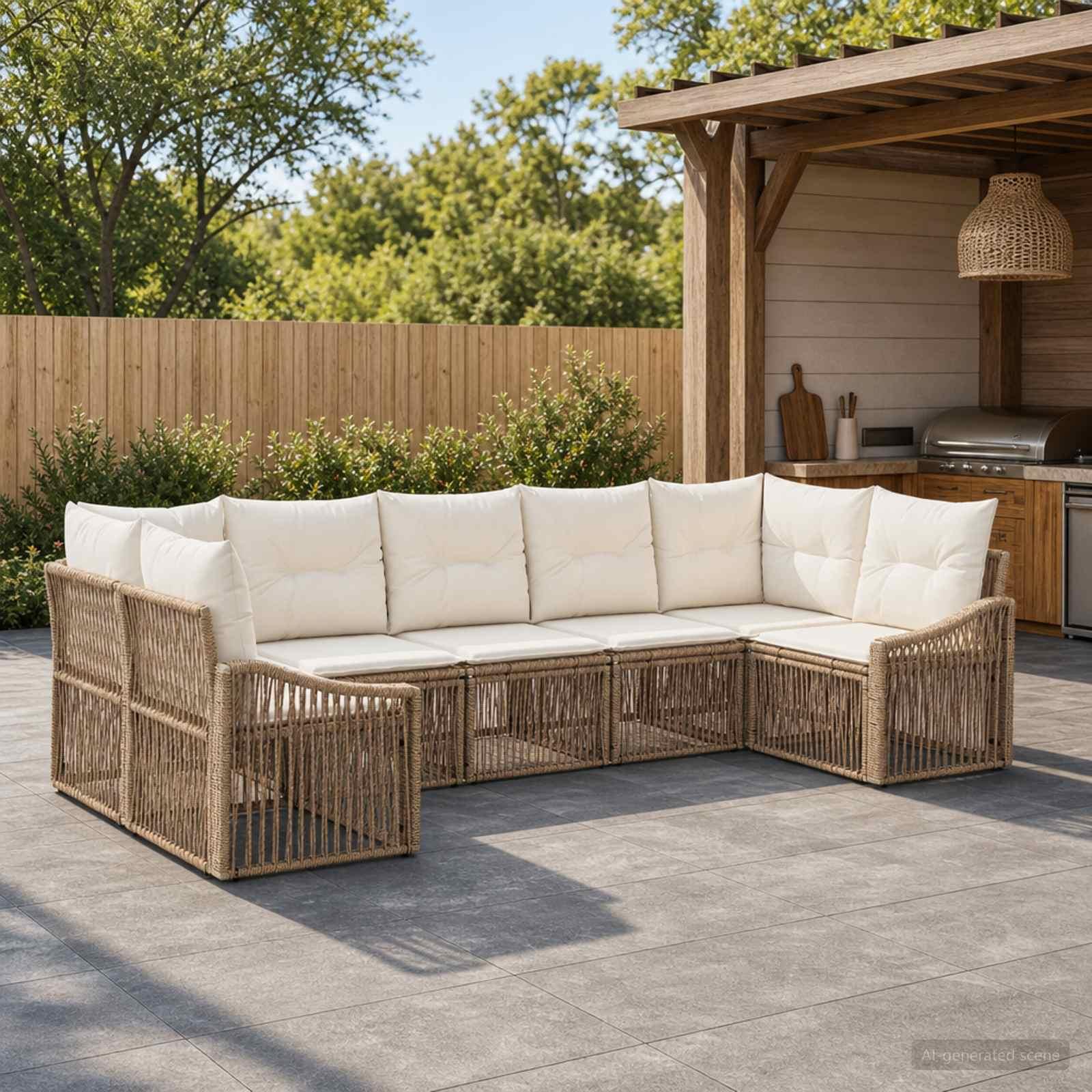 Havesofa sæt 7 dele med 7 sæder i beige polyrattan