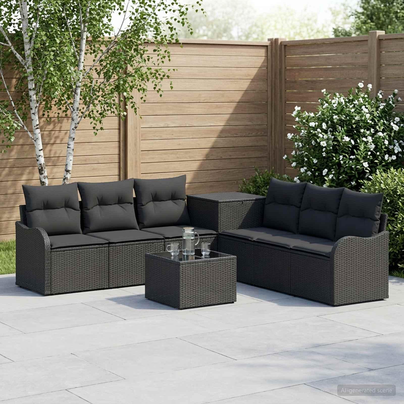 Sofa sæt 8 stk. i sort poly rattan og stål til haven