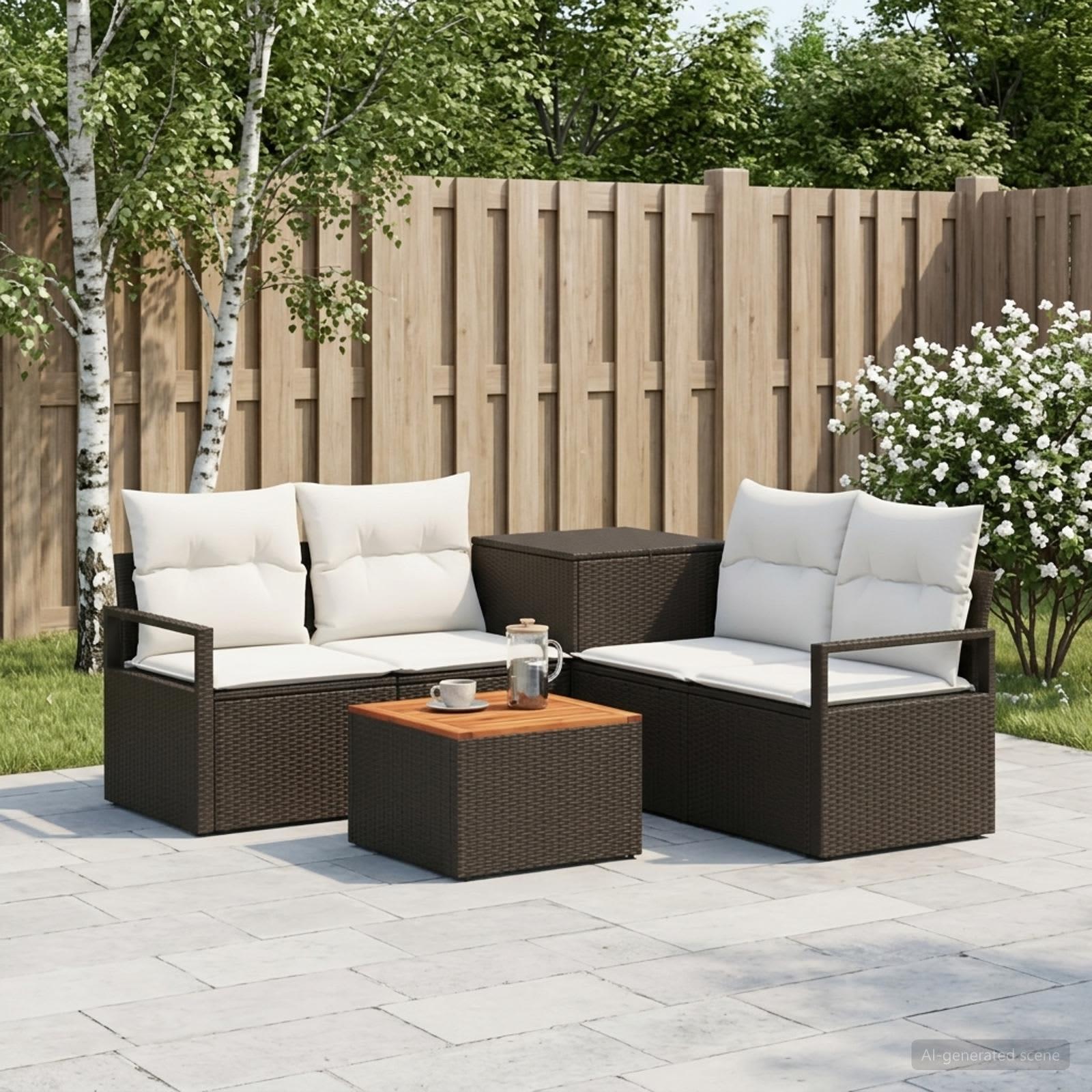 Sofa sæt 6 stk. til have og terrasse - sort og cremehvid poly rattan og stål