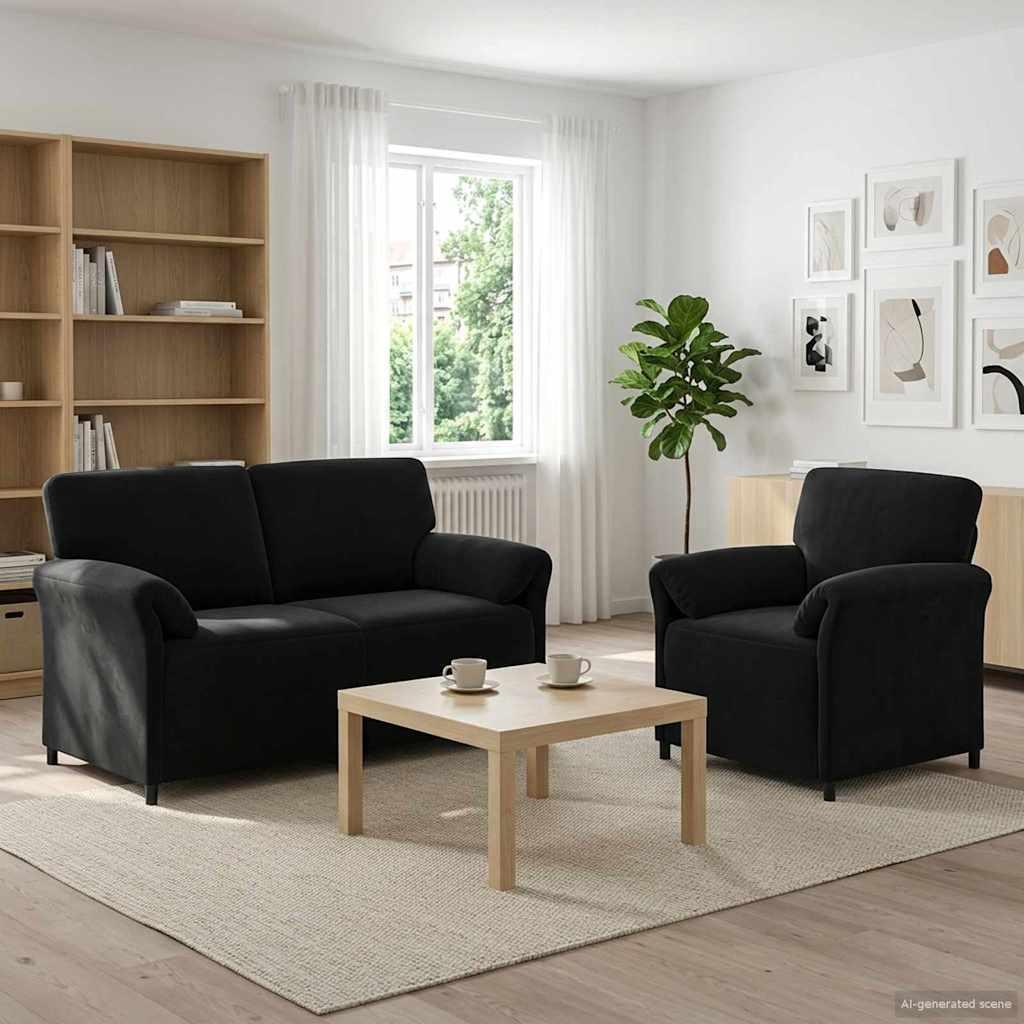 Sofasæt i sort fløjl 2 stk. med 2-personers sofa og lænestol