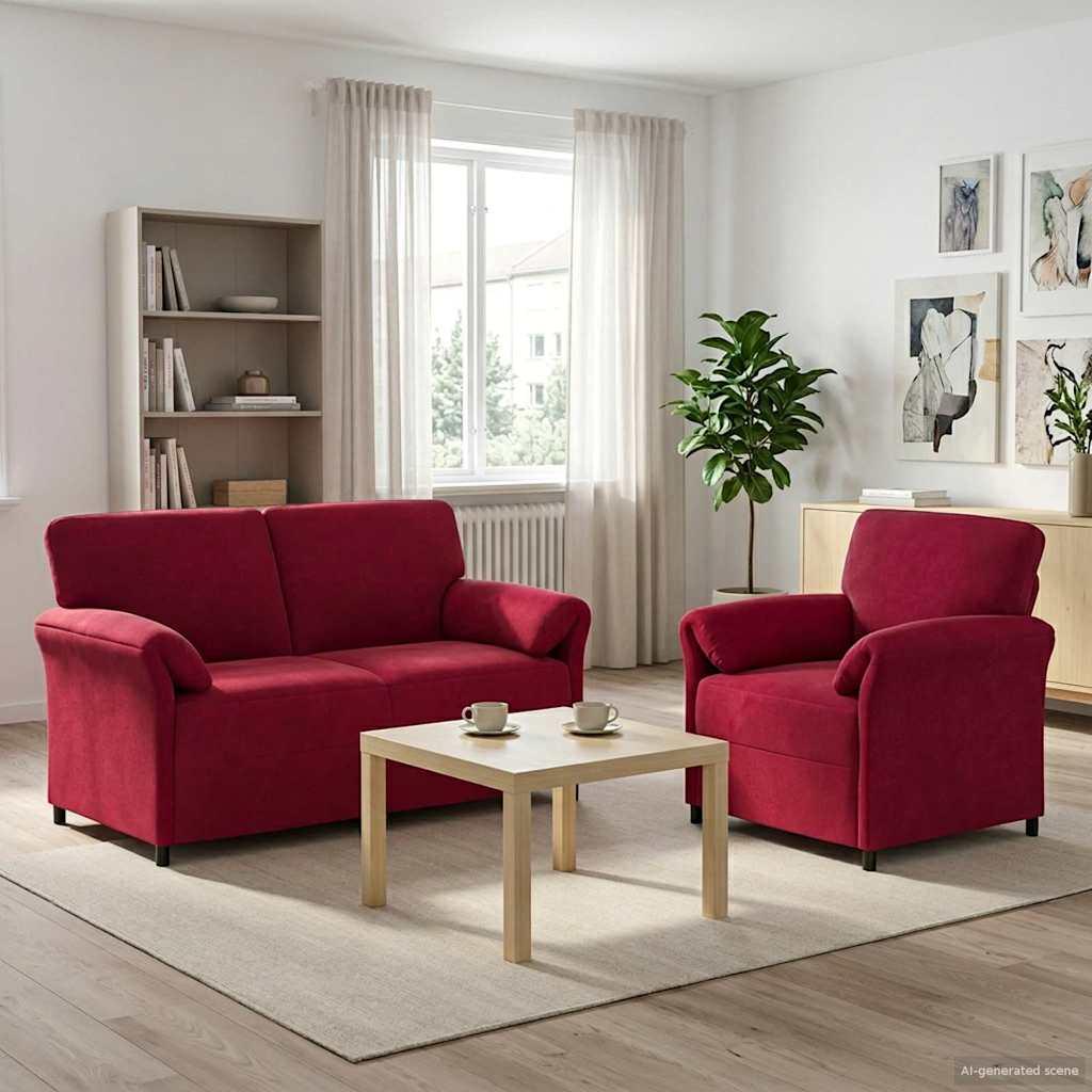 Sofasæt 2 stk. i vinrød fløjl - 2- og 1-personers sofa