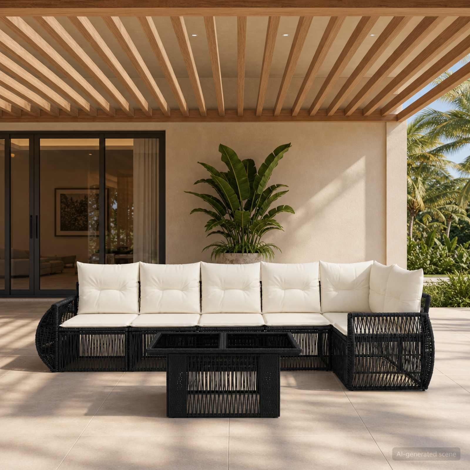 vidaXL Havesofa Sæt 7 stk. Sort og Cremehvid polyrattan