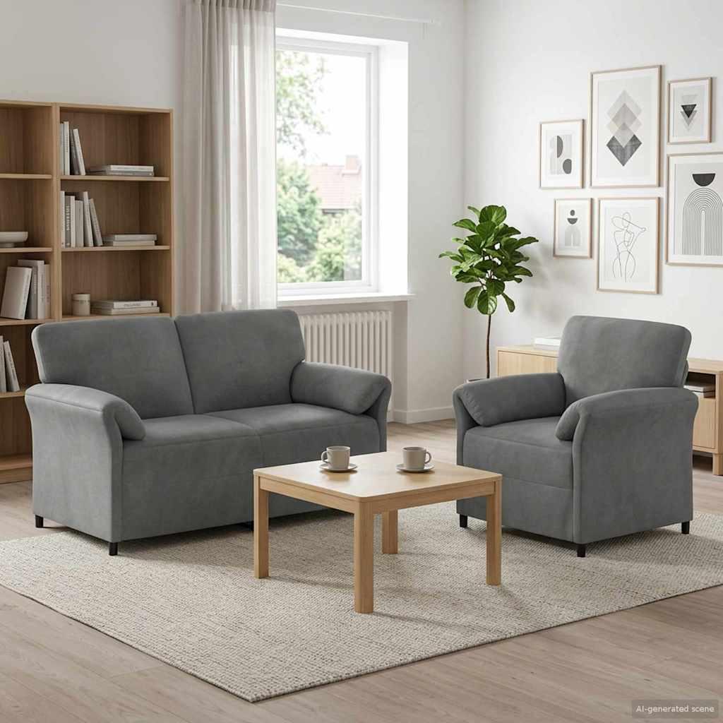 Sofasæt 2 stk. i mørkegrå fløjl med 2-personers sofa og lænestol