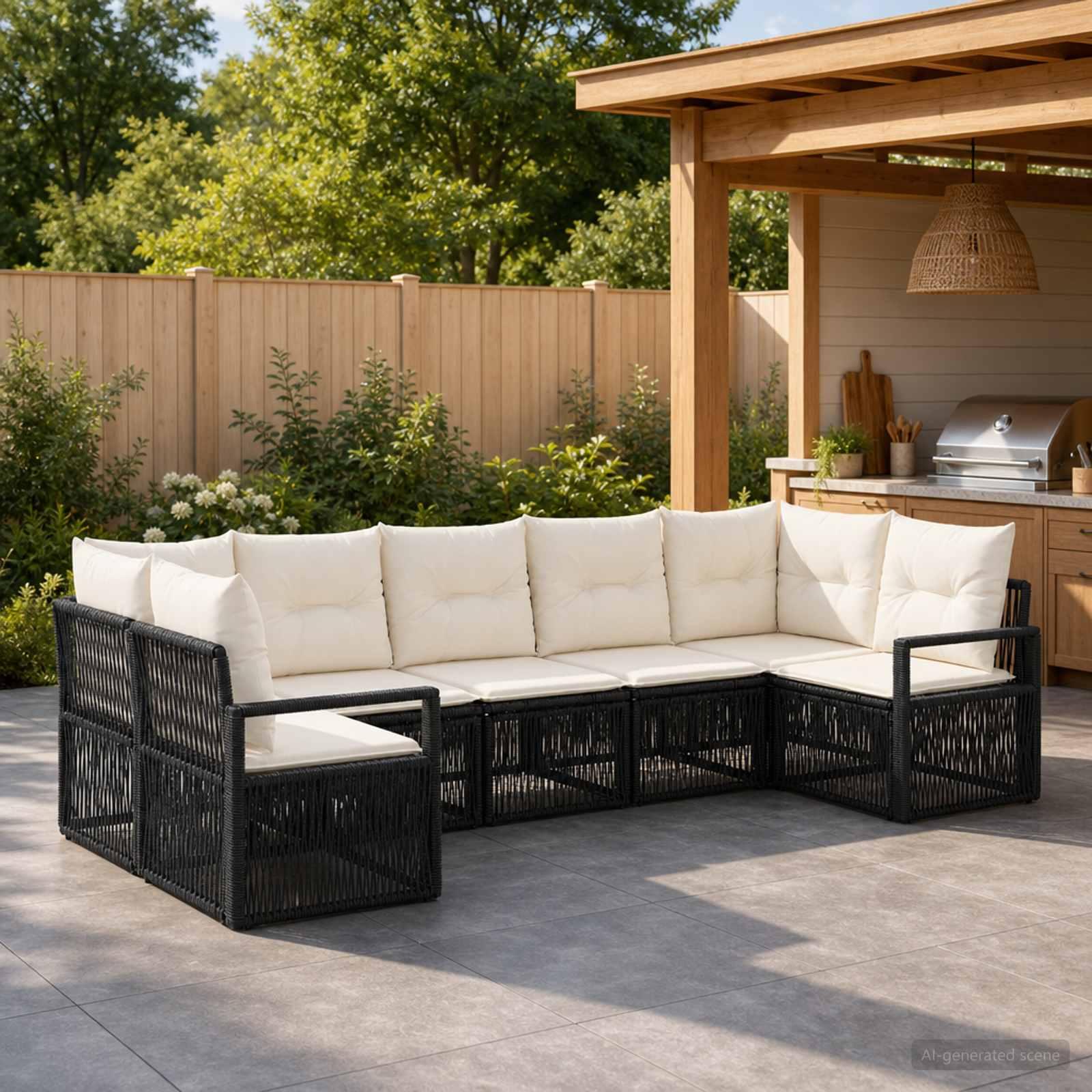 Havesofa sæt 7 stk. med 7 siddepladser i sort polyrattan