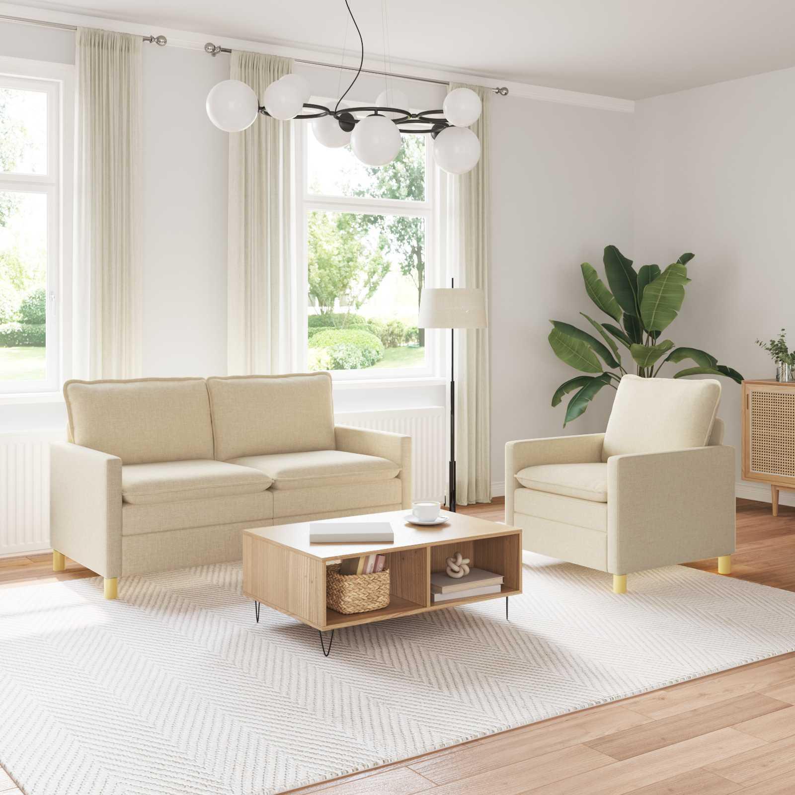 Sofasæt 2 stk. i cremefarvet stof med 2-personers sofa og lænestol