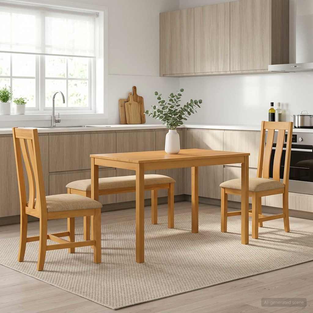 Spisestuesæt 4 dele i massivt egetræ med bænk og 2 stole - beige