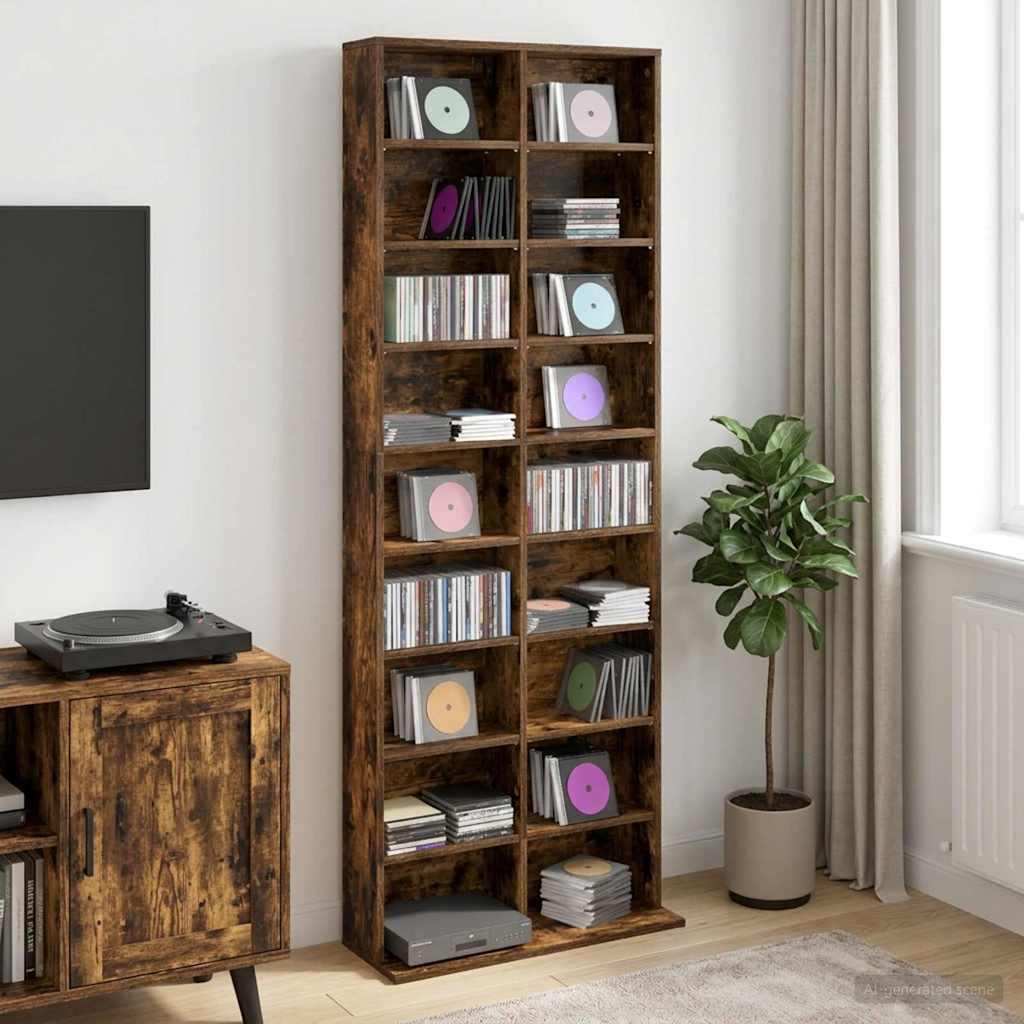 CD skab i røget eg 65 x 23,5 x 175 cm med 16 hylder