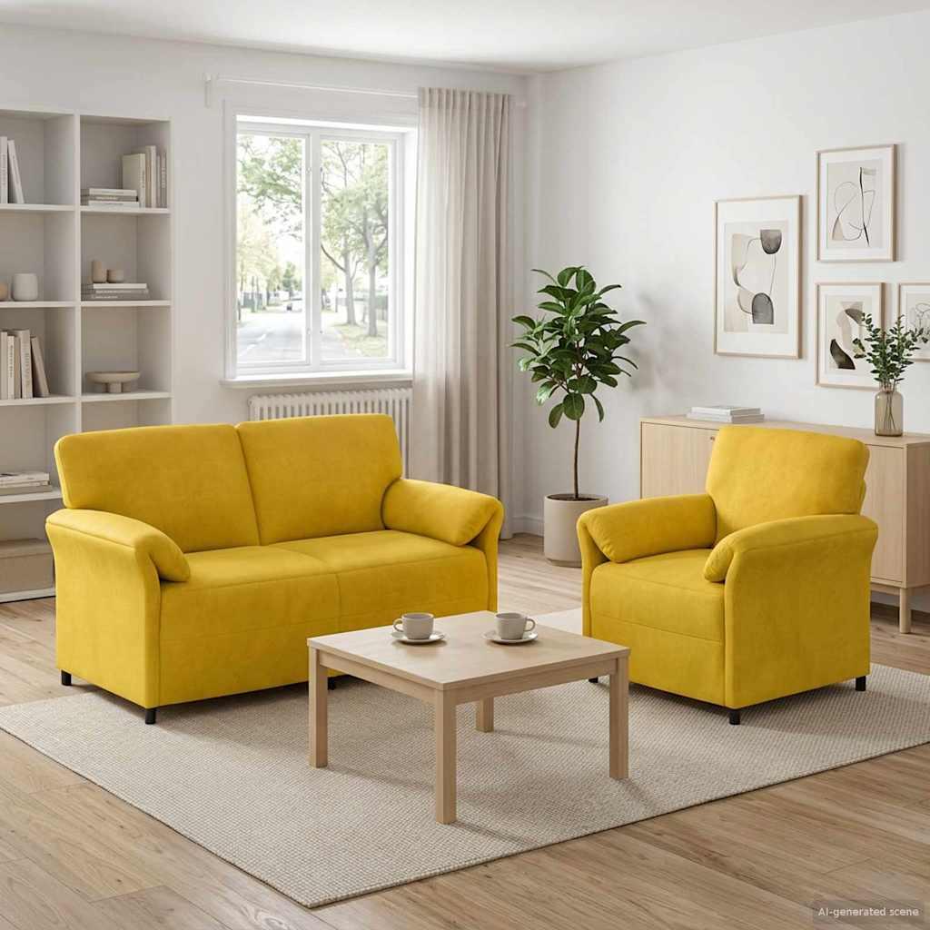 Sofasæt 2 stk. i gul fløjl - 2- og 1-personers sofa