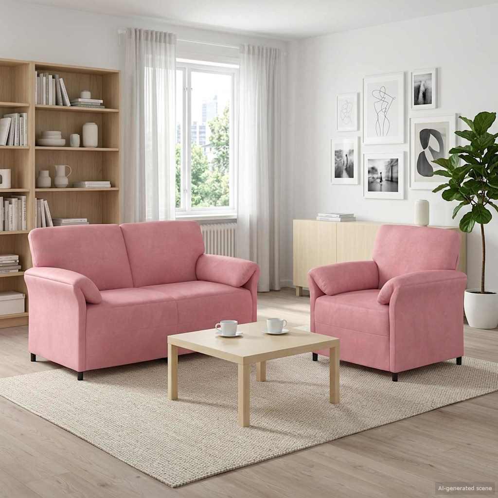 Sofasæt i lyserød fløjl, 2 dele med 2-personers sofa og lænestol