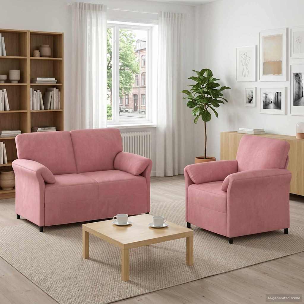 Sofasæt i fløjl 2 stk. - lyserød 2- og 1-personers sofa