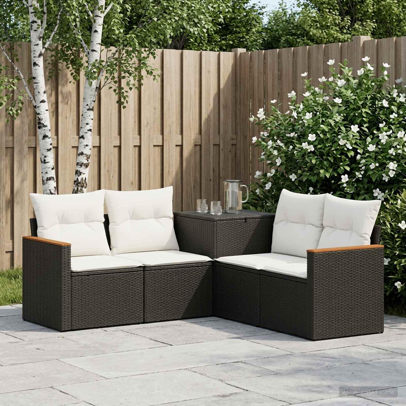 Sofa sæt 5 stk. til have og terrasse - sort og cremehvid poly rattan og stål