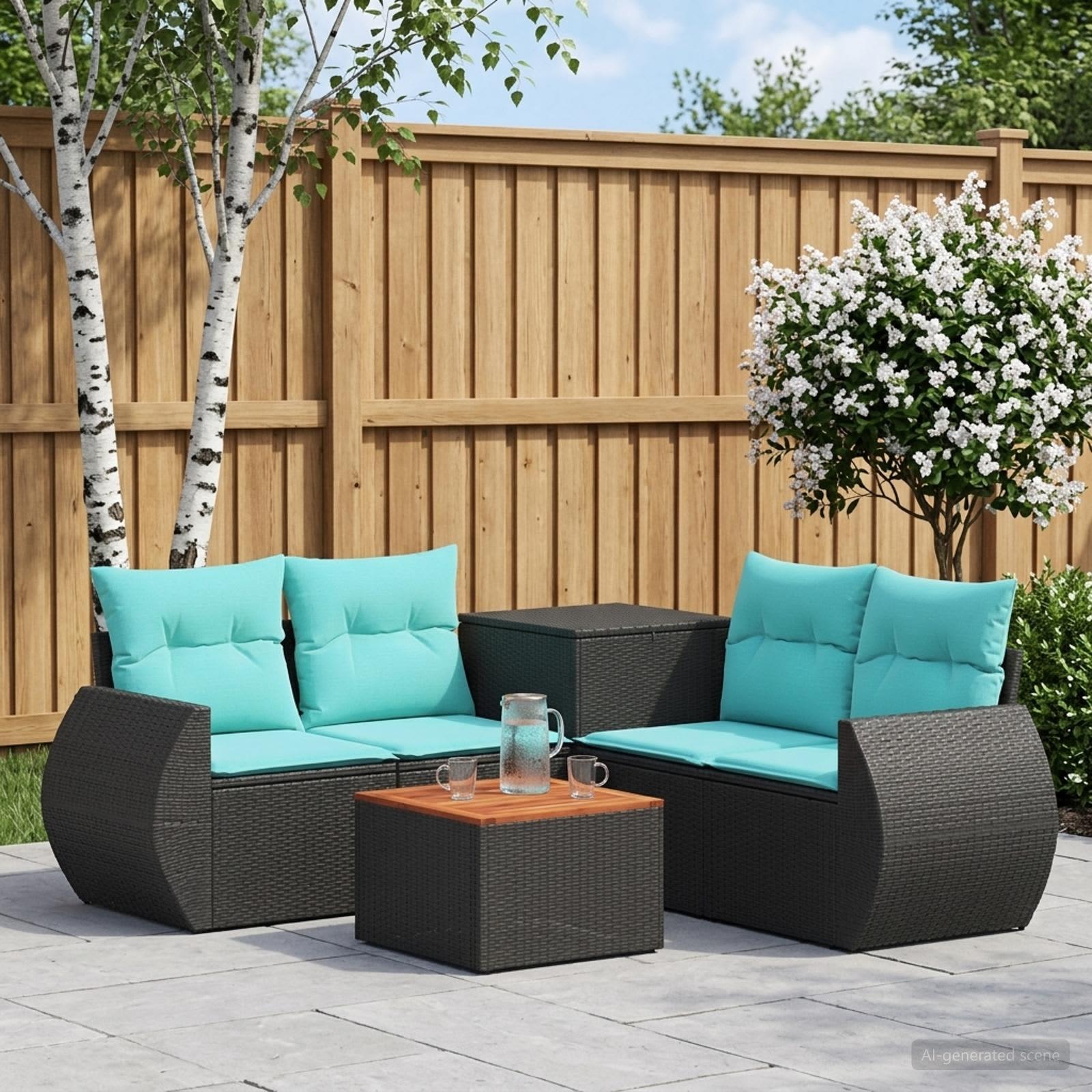 Sofa sæt 6 stk. til have og terrasse i sort og blå poly rattan