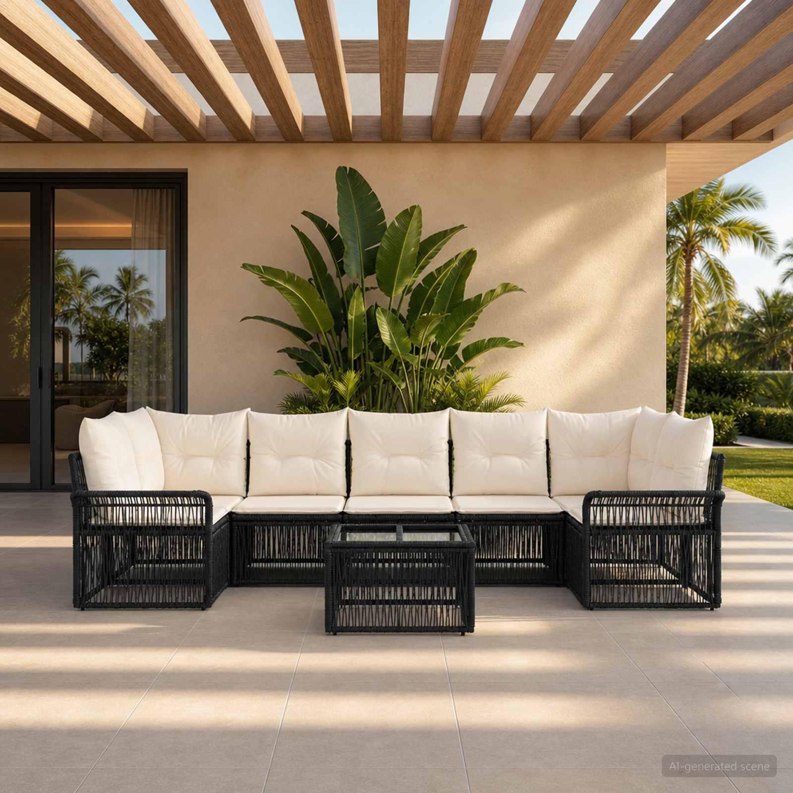 Havesofa sæt 8 stk. i sort polyrattan med bord