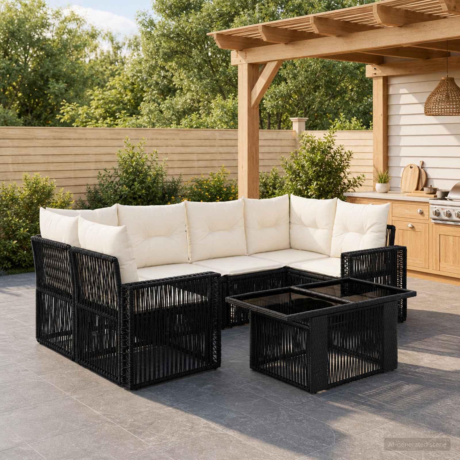 vidaXL Havesofa Sæt 7 stk. Sort og Cremehvid polyrattan