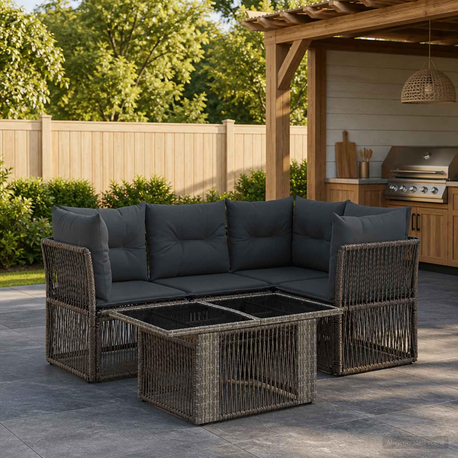 Havesofa sæt 5 stk. i grå polyrattan med bord