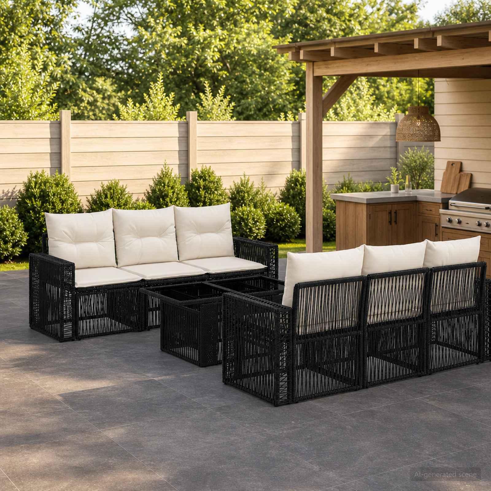 Havesofa sæt 7 stk. i polyrattan med bord - sort og cremehvid