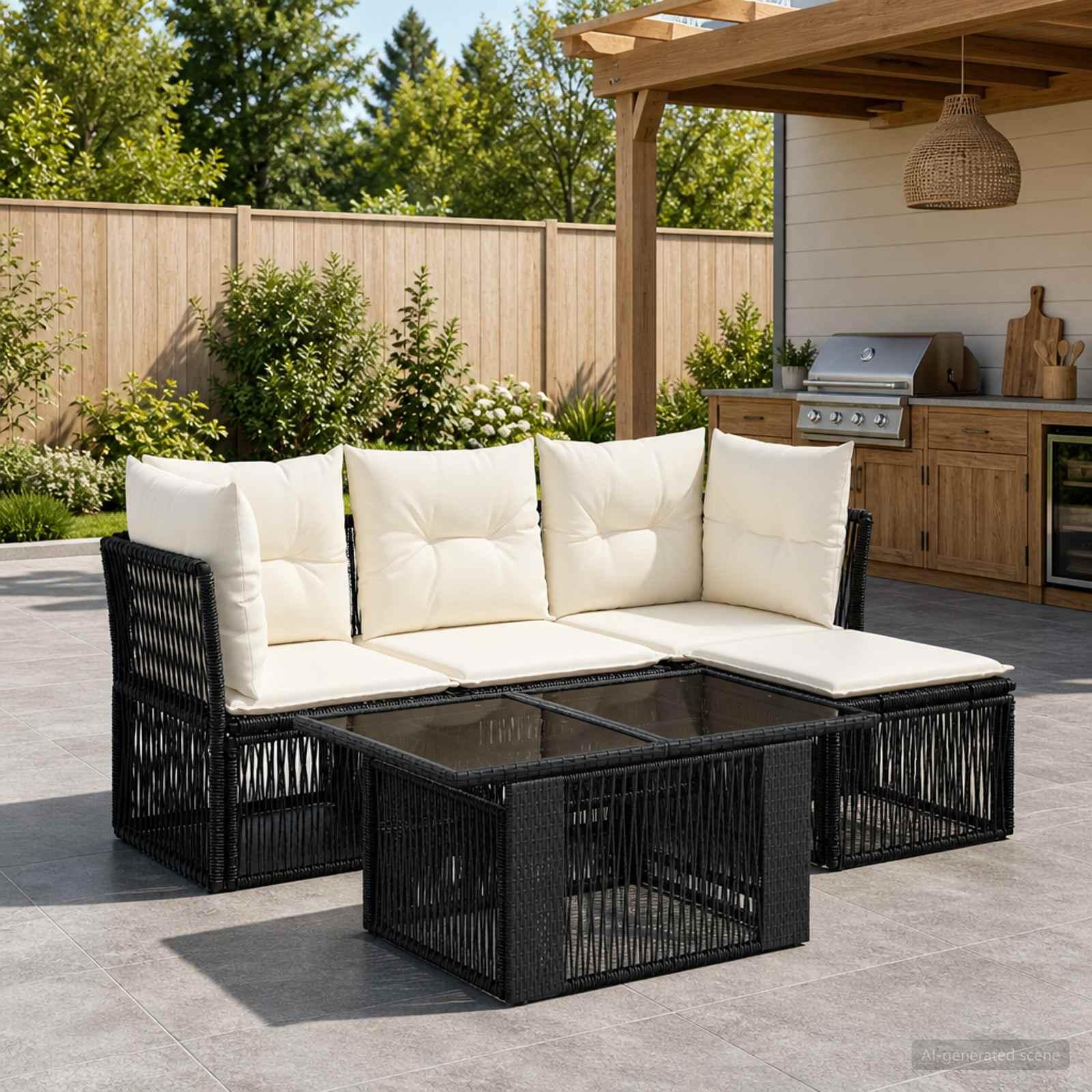 Havesofa sæt 5 stk. i sort polyrattan med bord og puder