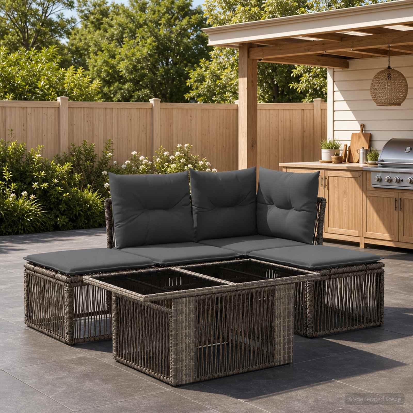 Havesofa sæt 5 stk. i grå polyrattan med bord og hynder