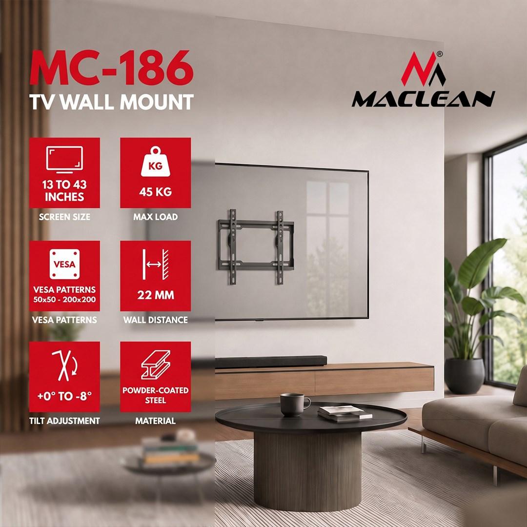 Maclean Uchwyt / wieszak do TV Maclean, max VESA 200x200, 13-43", do 45kg, czarny, reg. pochylu 0°~-8°, MC-186