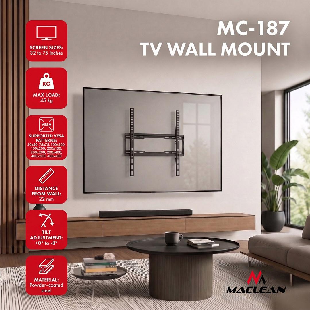 Maclean Uchwyt / wieszak do TV Maclean, max VESA 400x400, 32-75", do 45kg, czarny, reg. pochylu 0°~-8°, MC-187