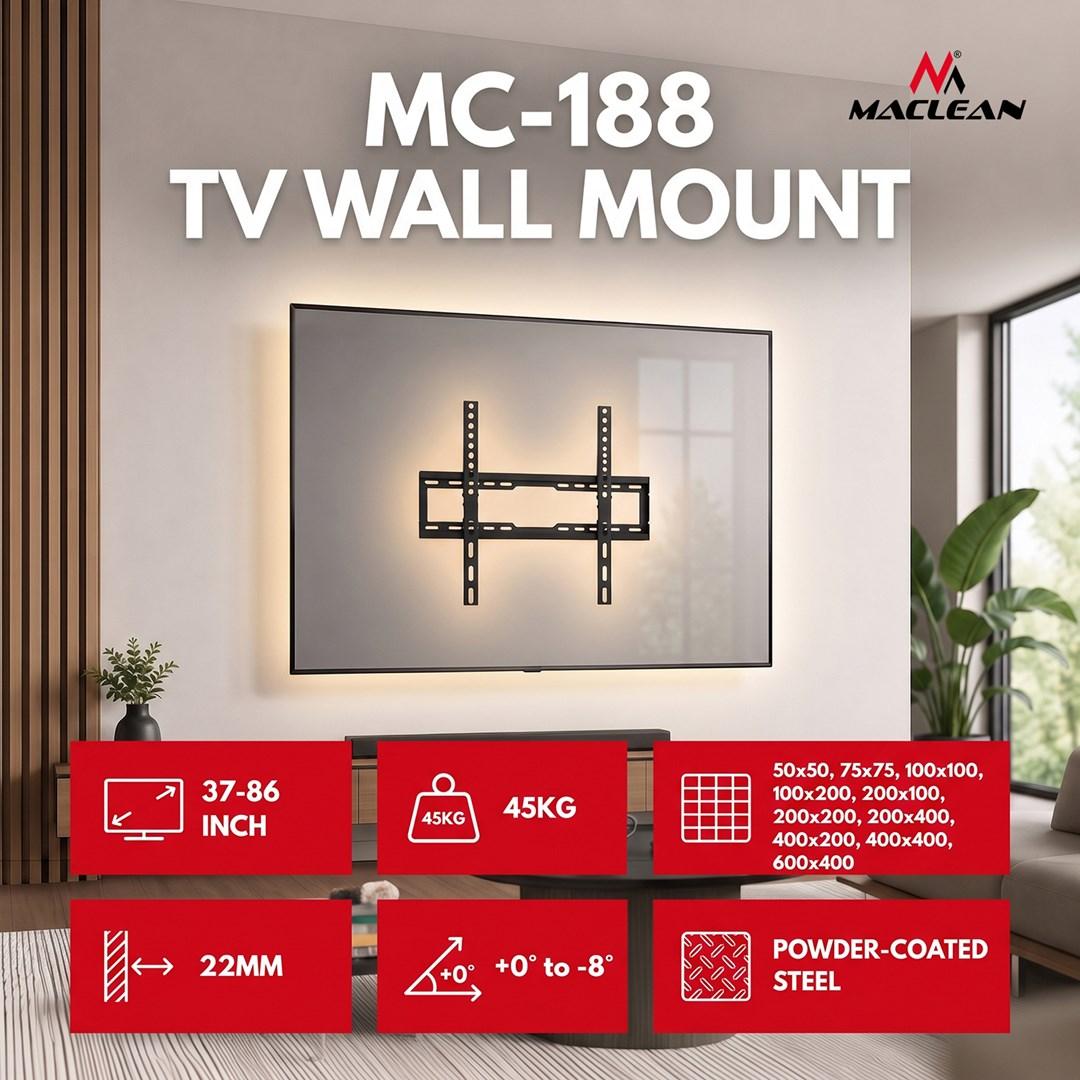 Maclean Uchwyt / wieszak do TV Maclean, max VESA 600x400, 37-86", do 45kg, czarny, reg. pochylu 0°~-8°, MC-188